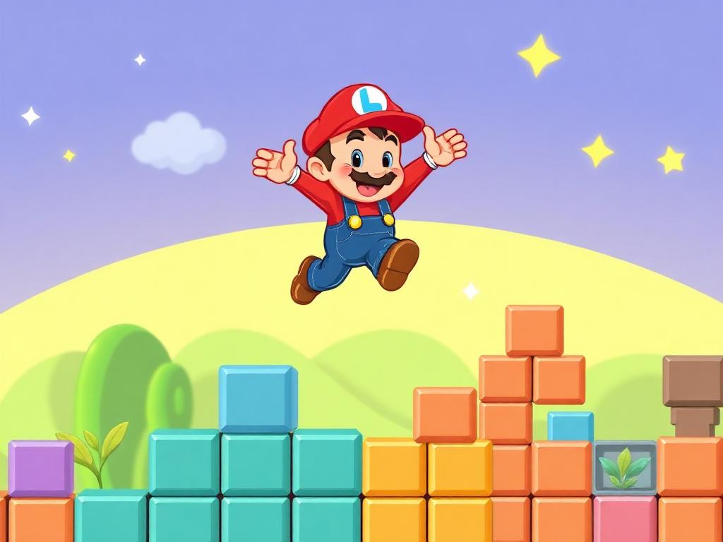 Personaje arcade saltando en un mundo de neón